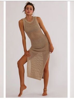 Beach Riot Holly Rose Dress Tan Knit Crotchet Beach Cover Up 100% Cotton Small